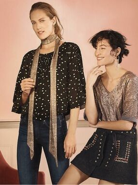 ANTHROPOLOGIE Floreat Everafter Black and Gold Blouse Top Size M Like New